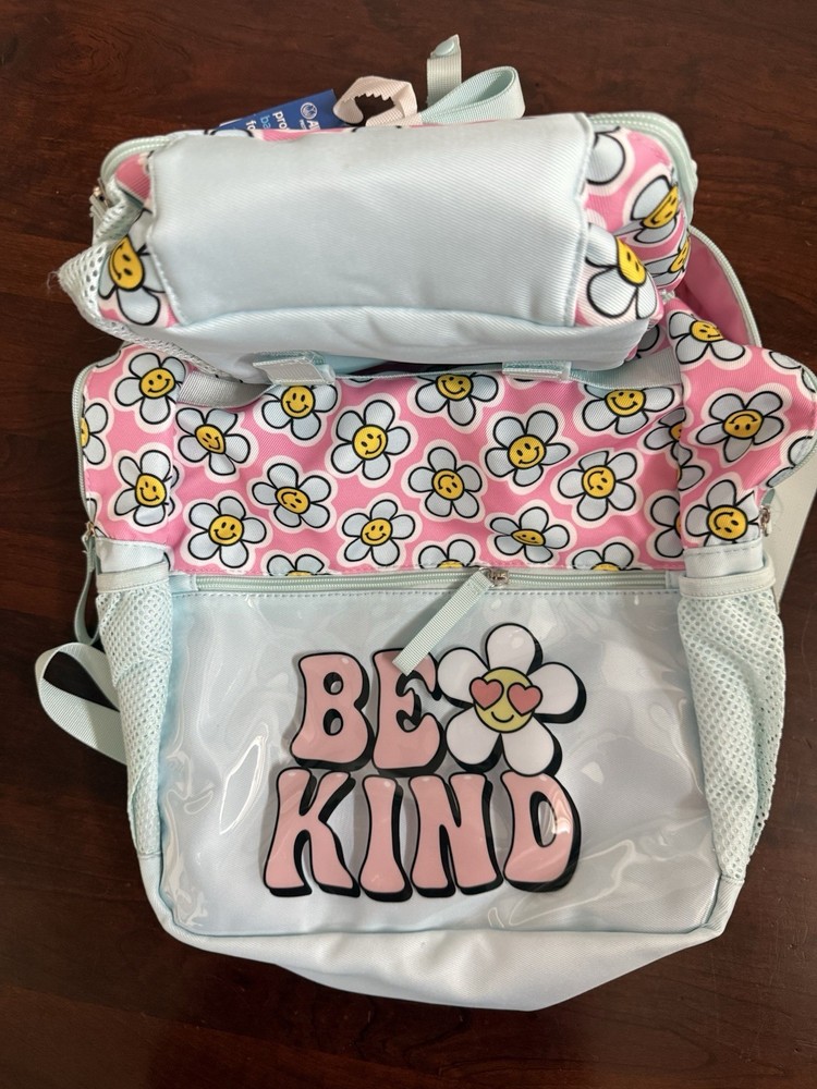 Be Kind 2 Piece Set Smiling Daisies Turquoise Backpack w/ Lunchpack NWT
