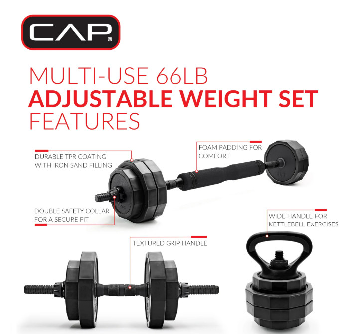 CAP 66lb Multi-Purpose Weight Set Adjustable Dumbbell, Barbell, & Kettle, Black