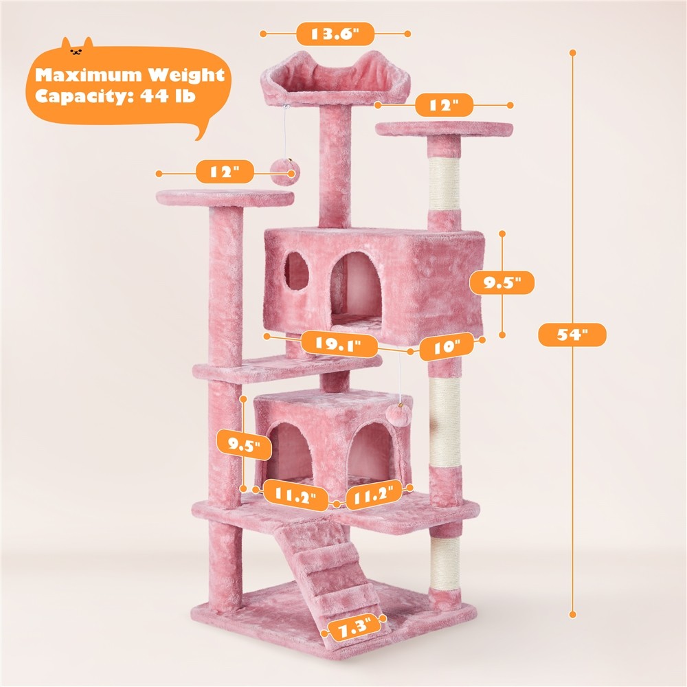 54.5" H Double Condo Cat Tree W/ Scratching Post Tower Pink