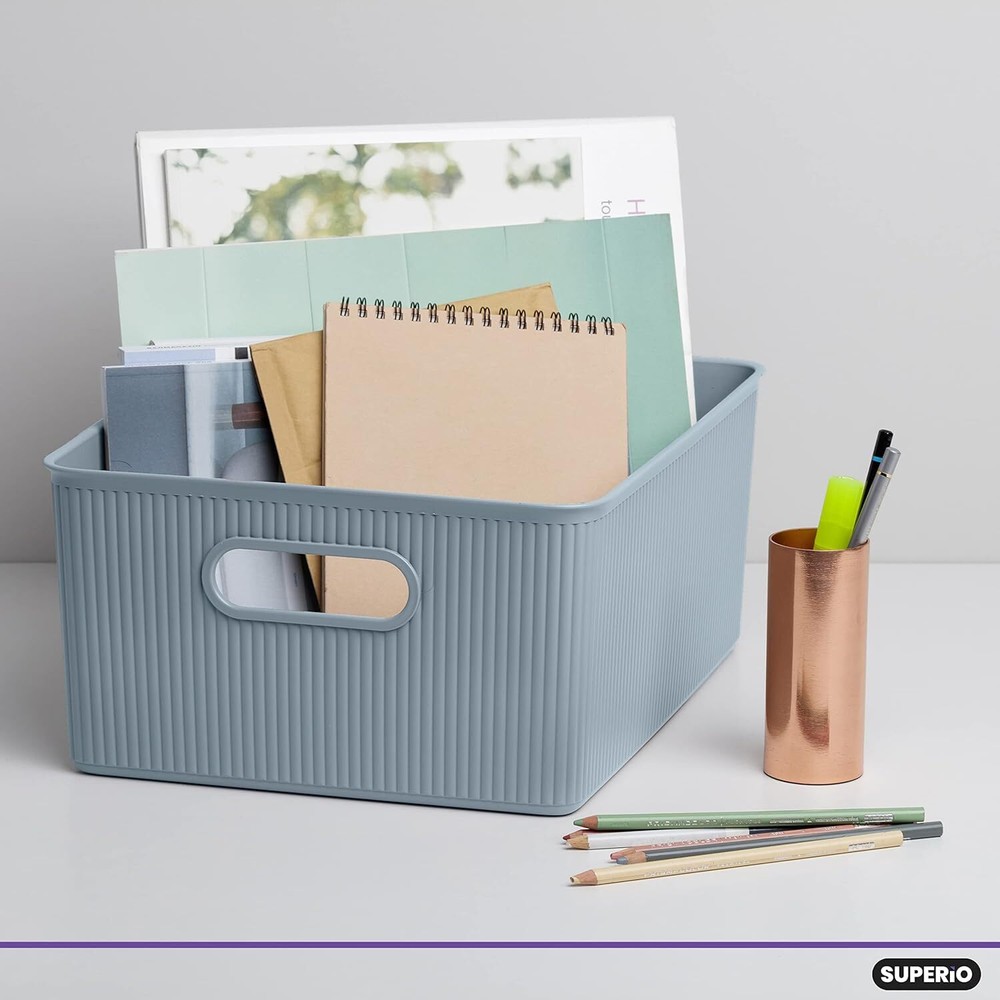 Superio 15L Medium Ribbed Storage Bin- Plastic Storage Bin (2 Pack, Stone Blue)
