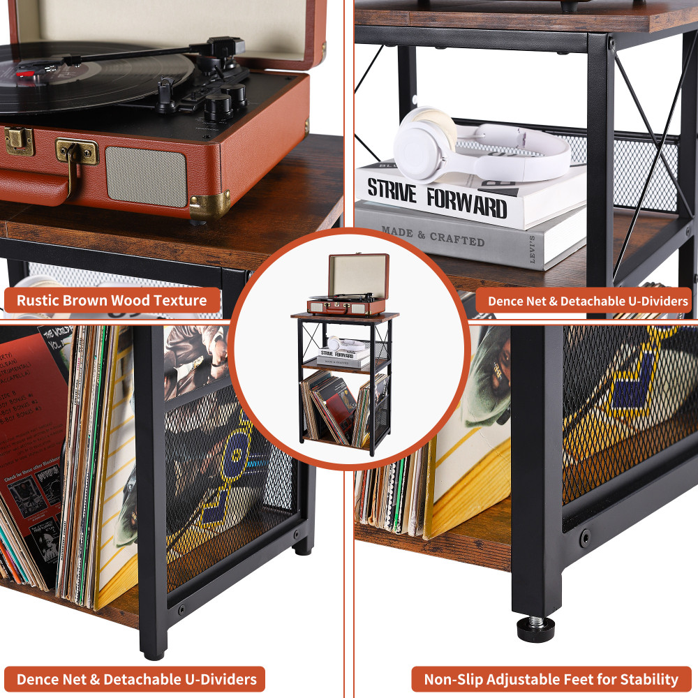 Record Player Stand, 3-Tier Record Player Table, Vinyl Record Storage with Ex...