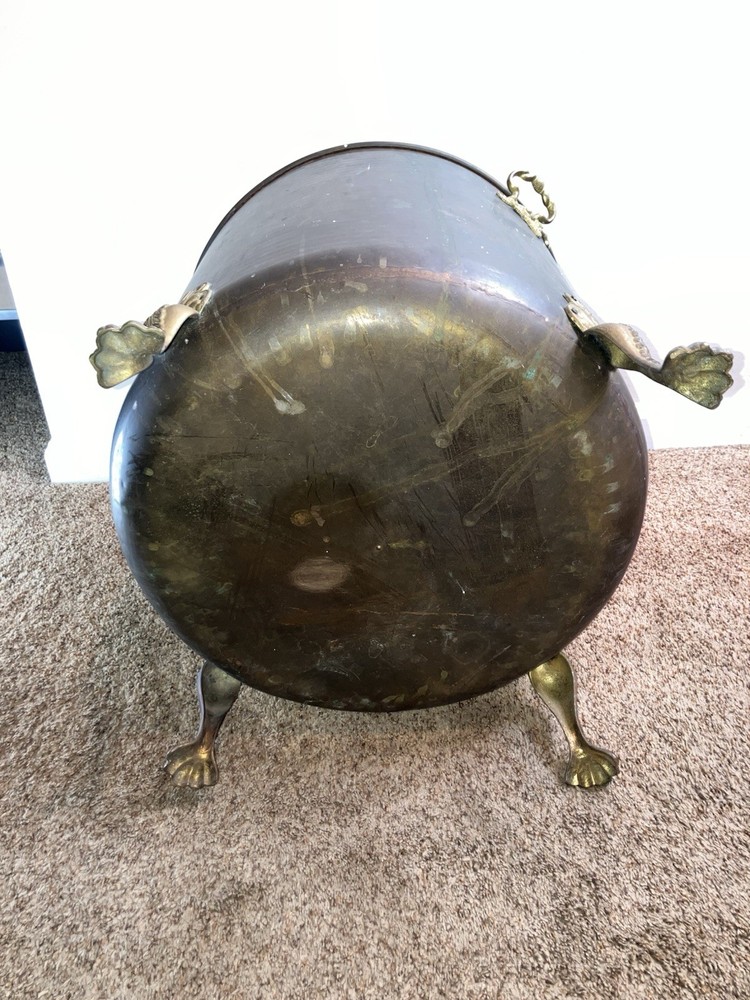 Large Vintage Footed Brass Fireside Coal Bin Log Box Bin Coal Scuttle Purdonium