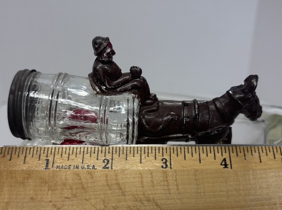 Glass CandyContainer Donkey Pulling Wagon with barrel 1930’s Victory Glass