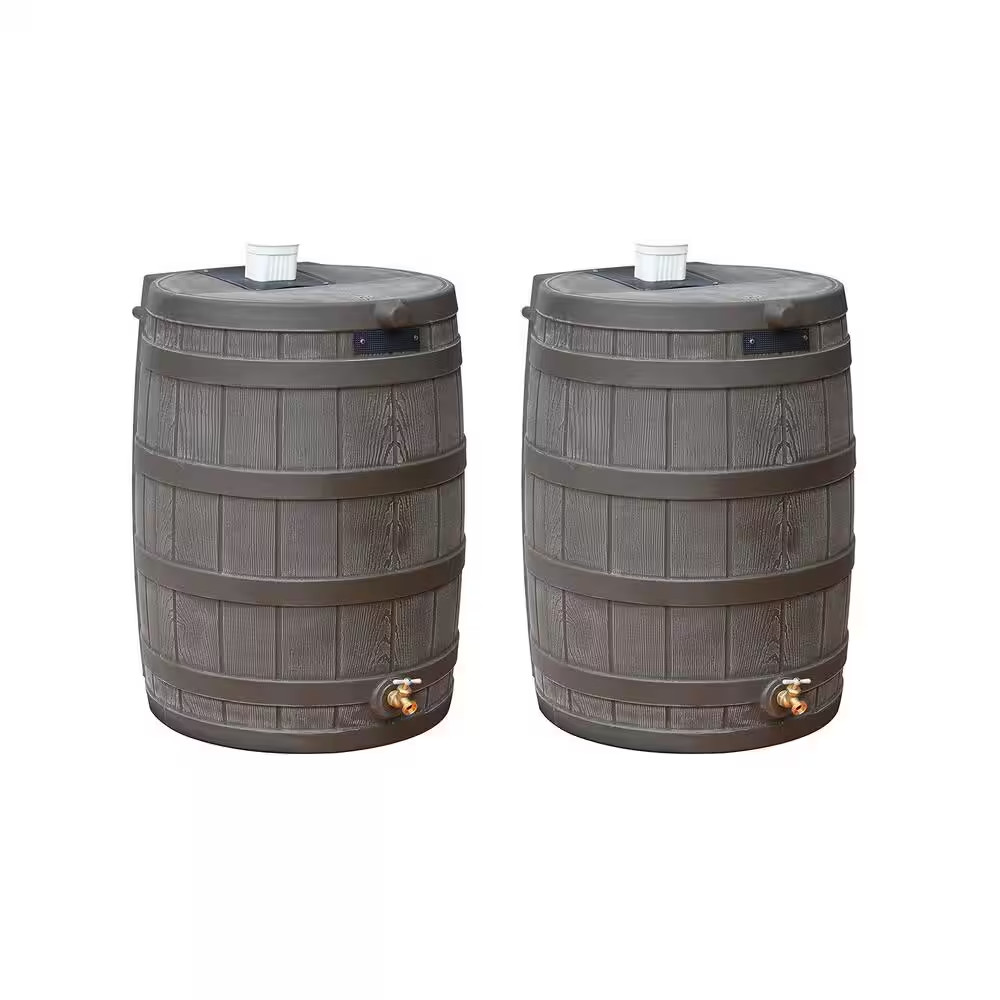 Rain Wizard 50 Gal. Water Collection Barrel Drum, Oak (2-Pack)