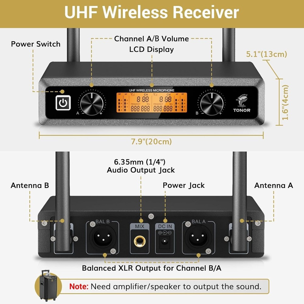 TONOR TW820 Wireless Microphone System - 2 Mics - 200ft Range - Red