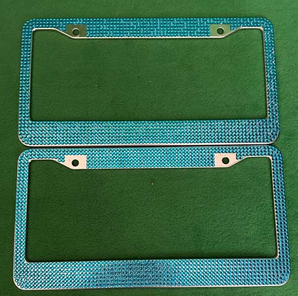 Alphastic Glass Diamond Car License Plate Frame 2 Sets Blue & Silver.