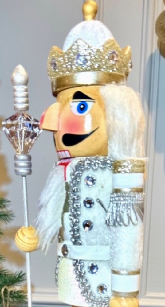 Tinsel & Fur Snow King Nutcracker 14” White & Silver Metallic Brocade Glitter