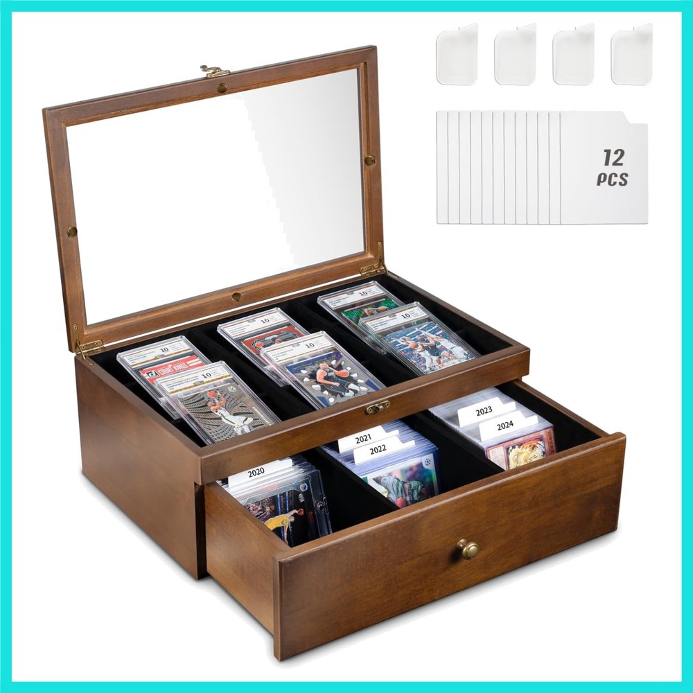 70+ Graded Card Storage Box with Custom Drawer, Wood Storage Display Case wit...