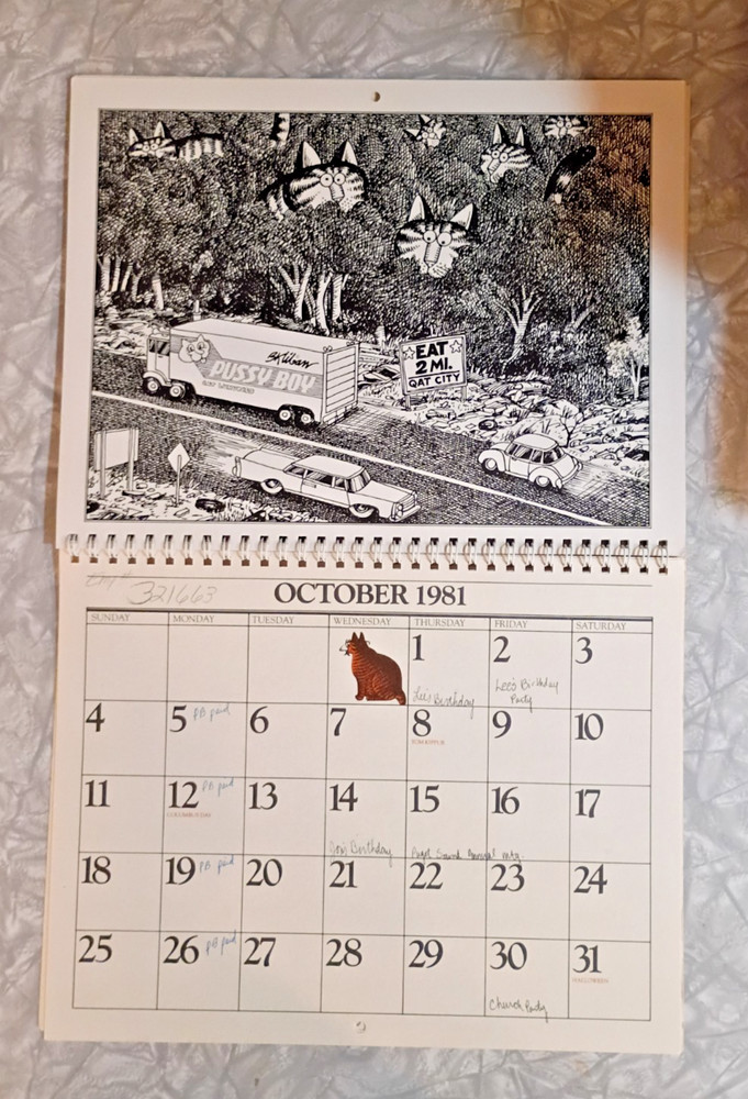 Vintage Cat Calendar B Kliban 1981 *Incomplete* Missing May & September