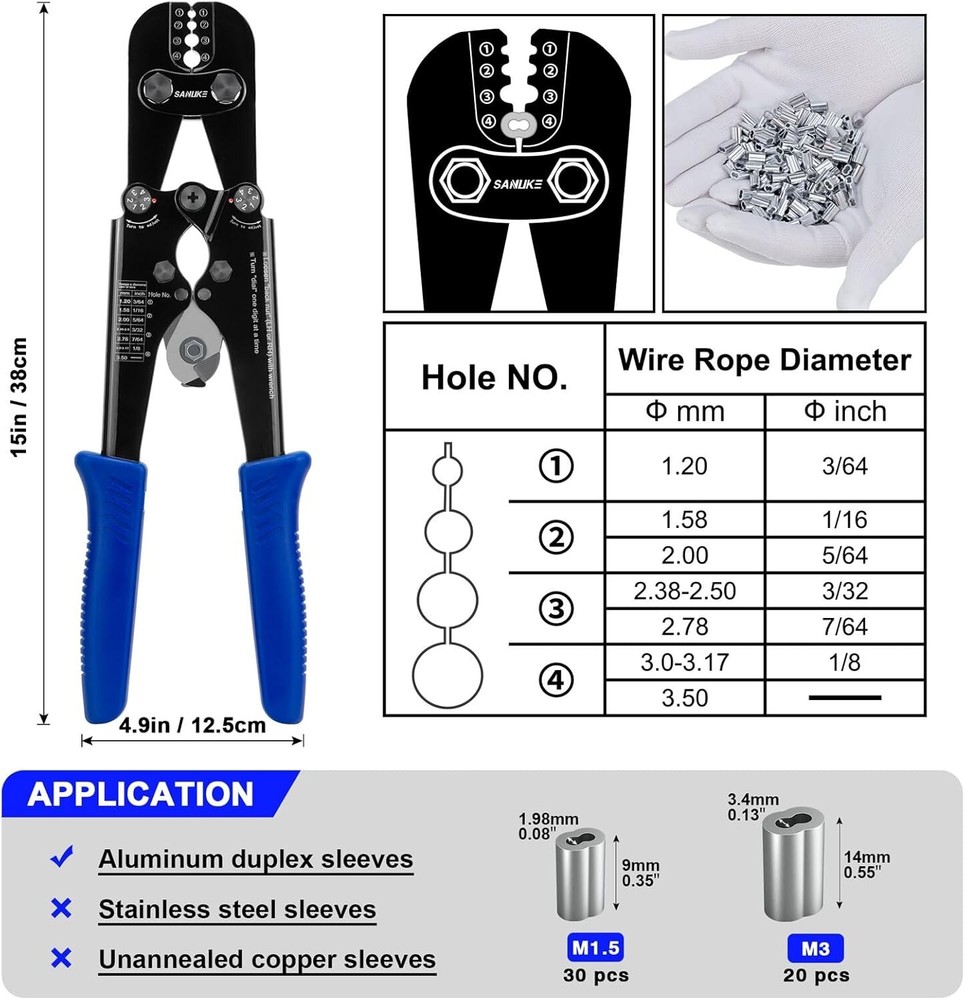 Compact Wire Rope Crimping Tool Set with Crimping Loop Sleeves for DIY Projects