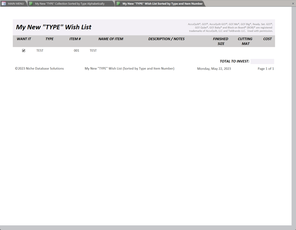 AccuQuilt GO! Accessories, Cutters & Dies Pre-Loaded MS ACCESS Database & Manual