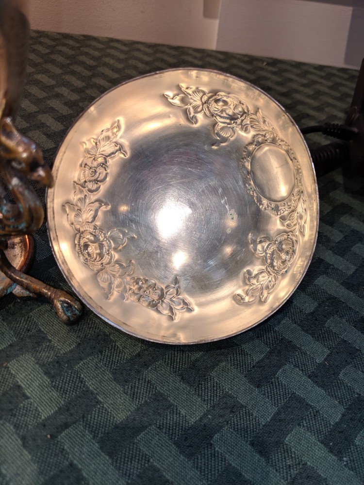 Antique Decorative Egg Table Centerpiece Silver Plate & Copper Rooster Griffin