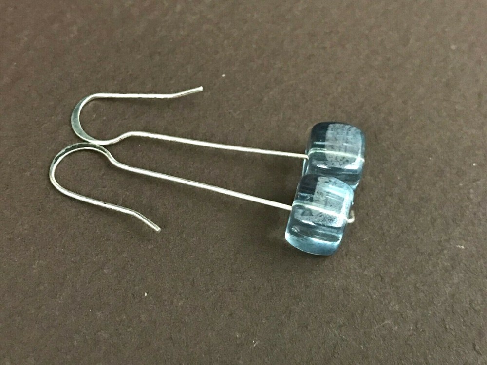 Unique Wired Light Blue Glass Cube Beads Silver Tone Dangle Pierced Earrings