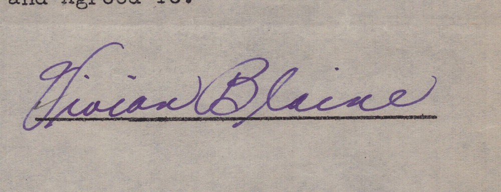 VIVIAN BLAINE - DOCUMENT SIGNED 06/26/1946