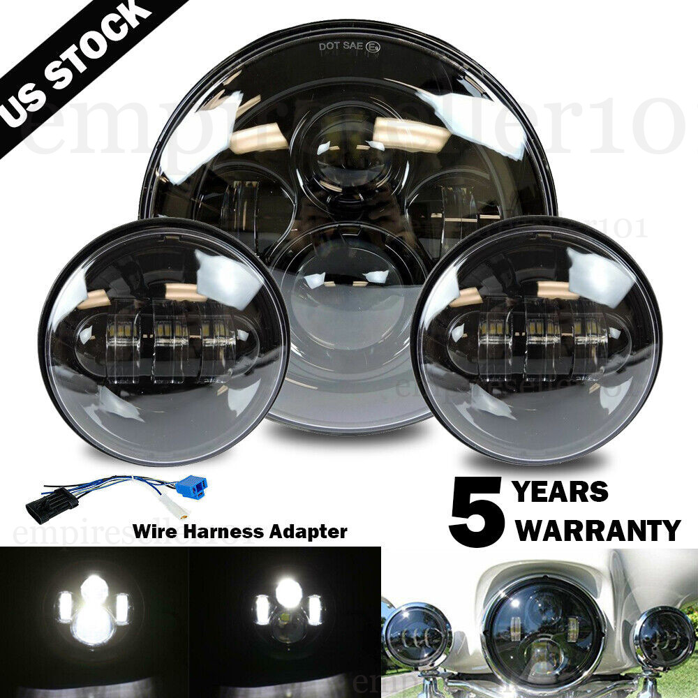 New 7" LED Projector Headlight + Passing Lights Fit for Harley Touring Black