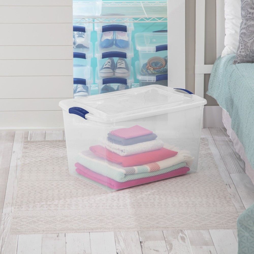 Sterilite 66Qt Latching Storage Bin Clear Box Blue Latch, 6 Pack