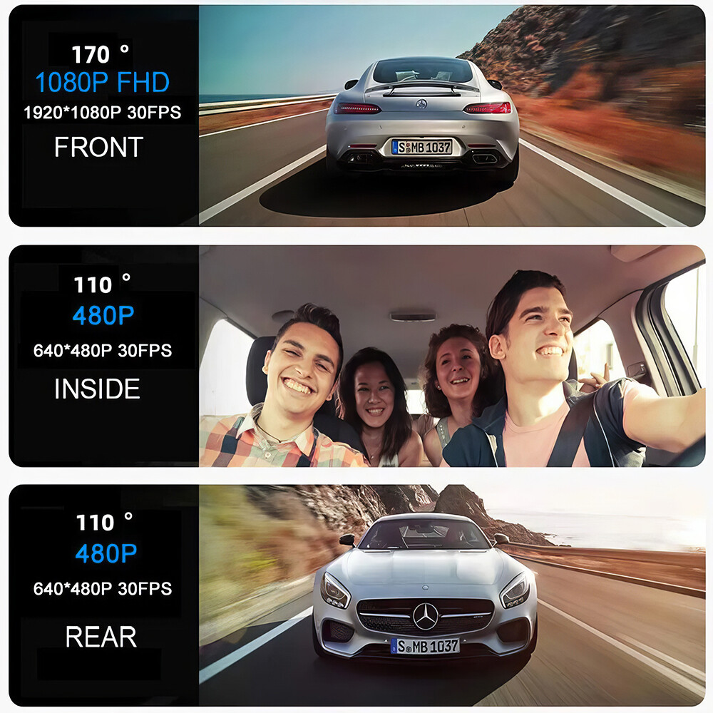 1080P Three Len Car DVR Dash Cam Video Recorder G-Sensor Front And Inside Camera