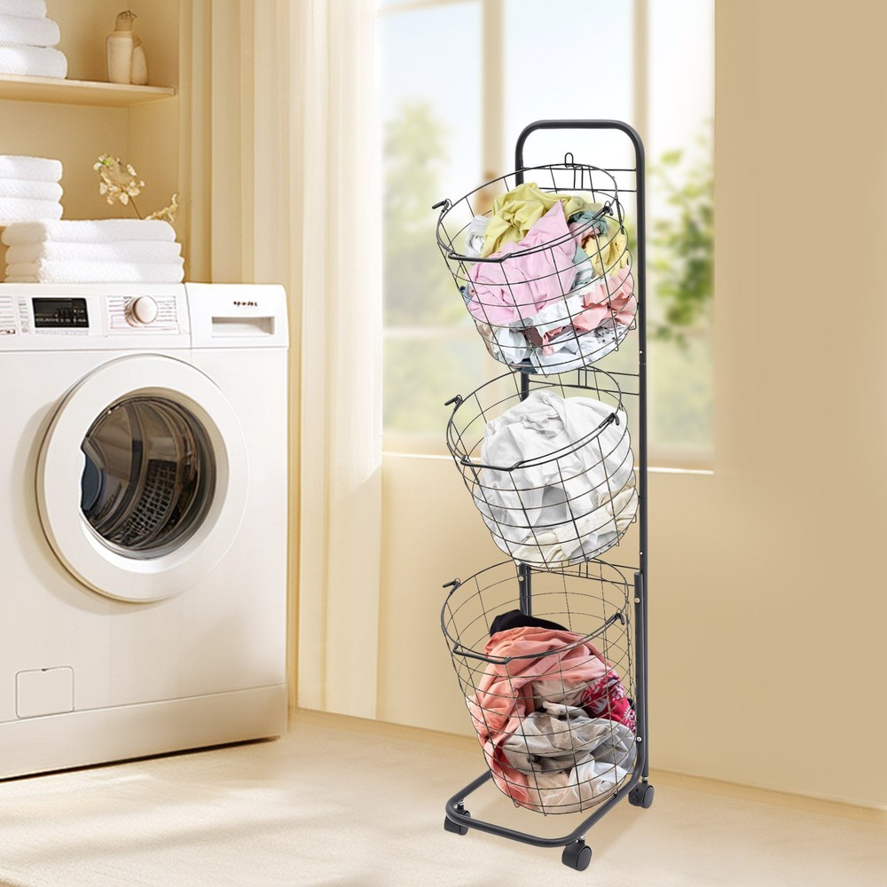 3 Tier Rolling Laundry Hamper with 3 Removable Wire Basket & 4 Universal Wheels