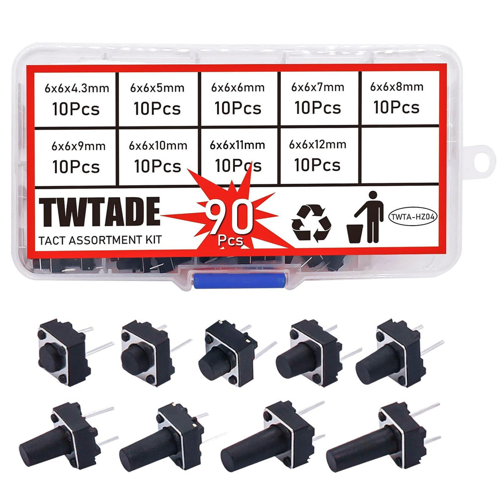 90PCS 2 Pin Tactile Switch Micro Momentary Tact Push Button Switch Assortment Ki