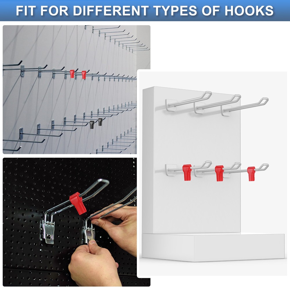 50pcs Peg Hook Locks, 6mm Pegboard Display Hook Stop Locks to Secure Cargo(Red)