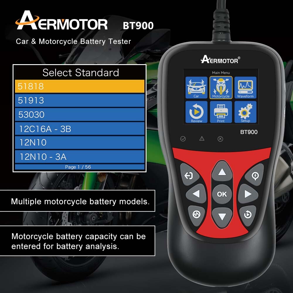 AERMOTOR BT900 Digital Battery Analyzer 6/12V Battery Load Tester 100~2000CCA