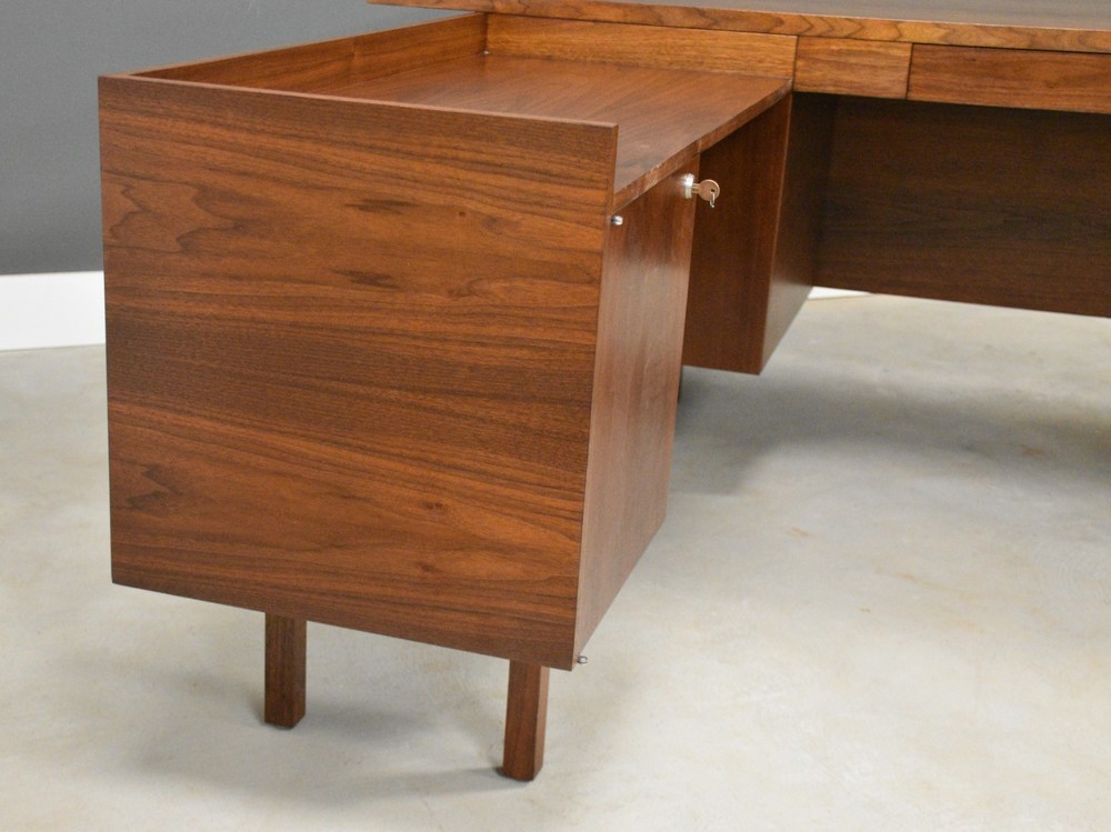 Refinished L Shaped Walnut Mid Century Desk