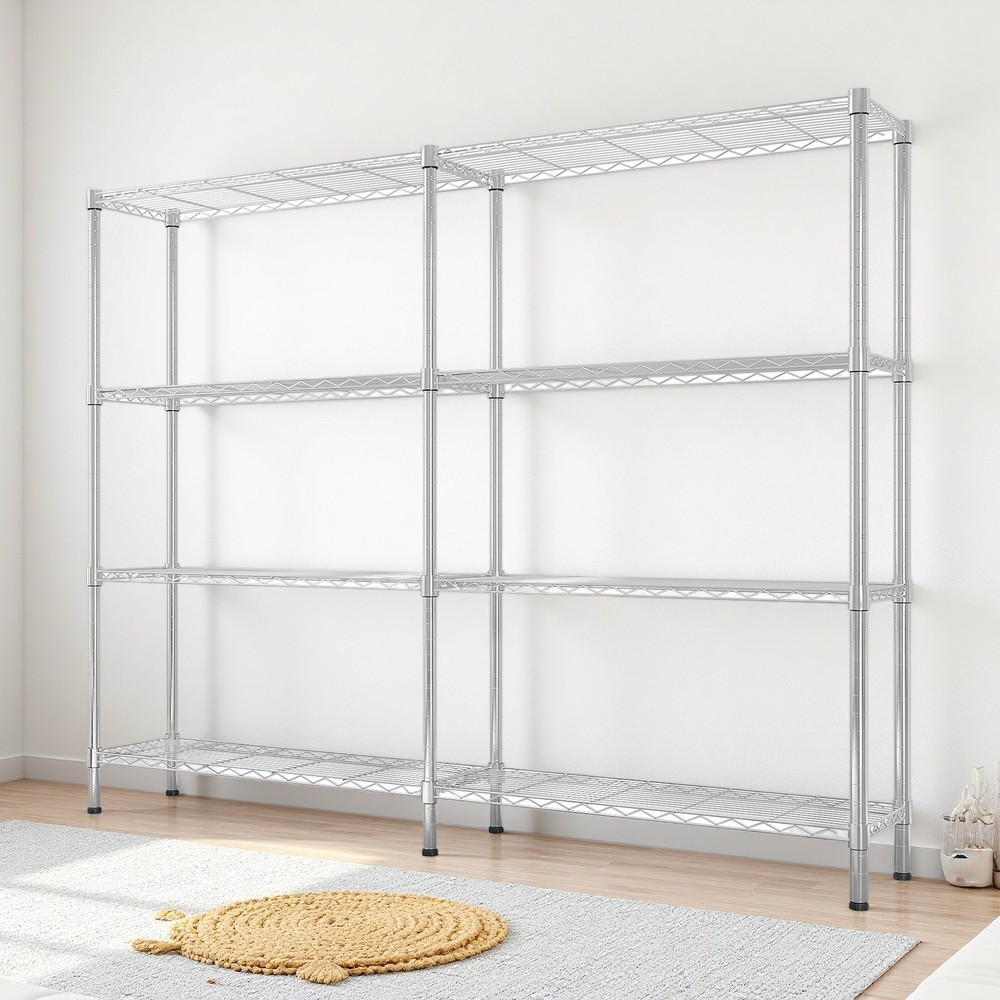4-Tier Wire Shelving Unit 2-Column - Heavy Duty, Adjustable, Modular & Silver