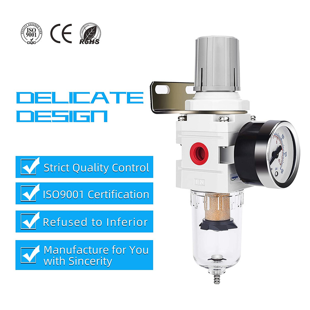 1/4" NPT Compressed Air Filter Regulator Combo Piggyback, 5 Micron Brass Element