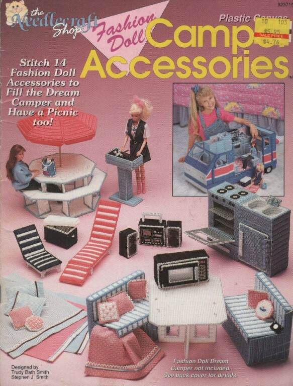 OOP!!! PLASTIC CANVAS FASHION DOLL CAMPER ACCESSORIES