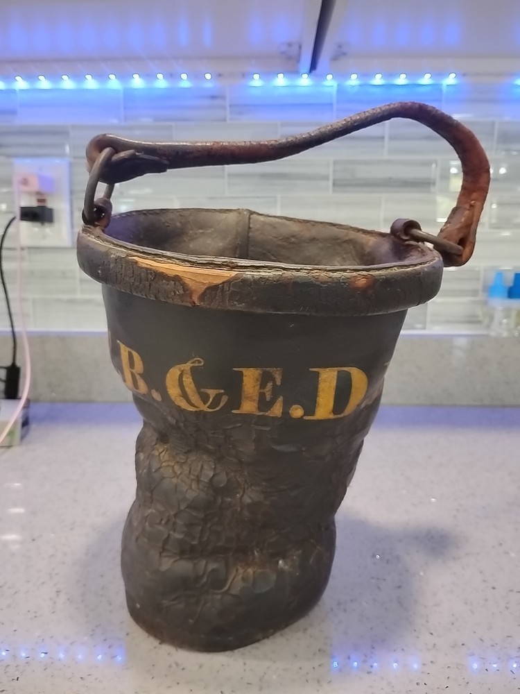 Antique 1800s Leather Fire Bucket Withhandle Initials and Handle Water Fireman