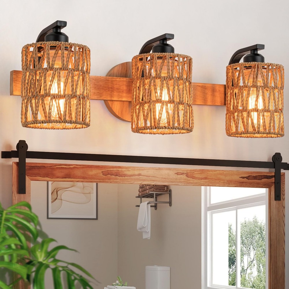 Boho Vanity Light Fixtures,Bathroom Lights Over Mirror,Rustic Rattan Wall Sco...
