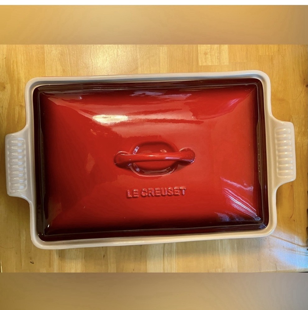 Le Creuset Ceramic Rectangular Casserole Dish Cerise Red White with Lid