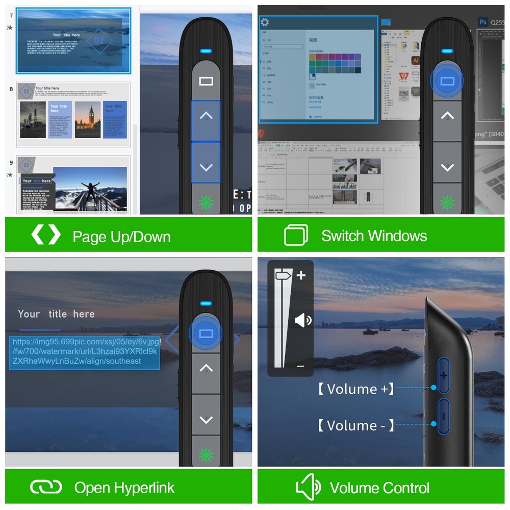 USB C Wireless Presentation Clicker with Green Light & Volume Control