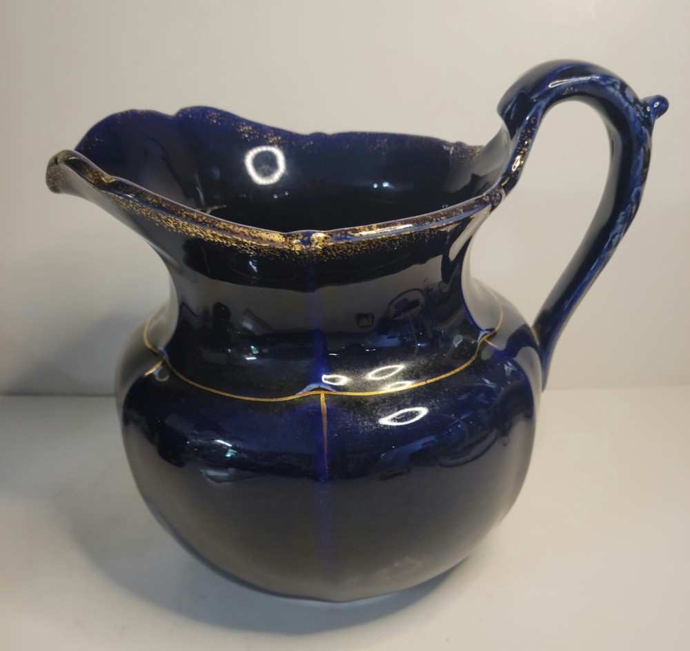 Pitcher Ceramic Cobalt Blue Gilded VTG