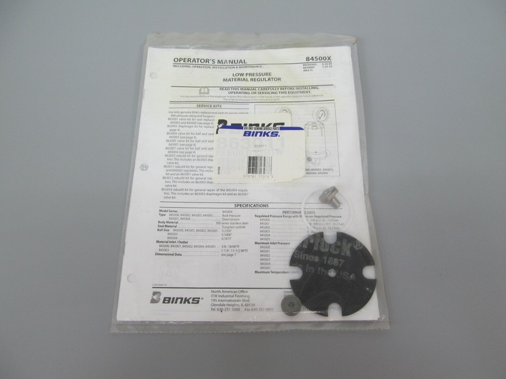 Binks 863001 Rebuild Kit for Model Series 84500X Regulator