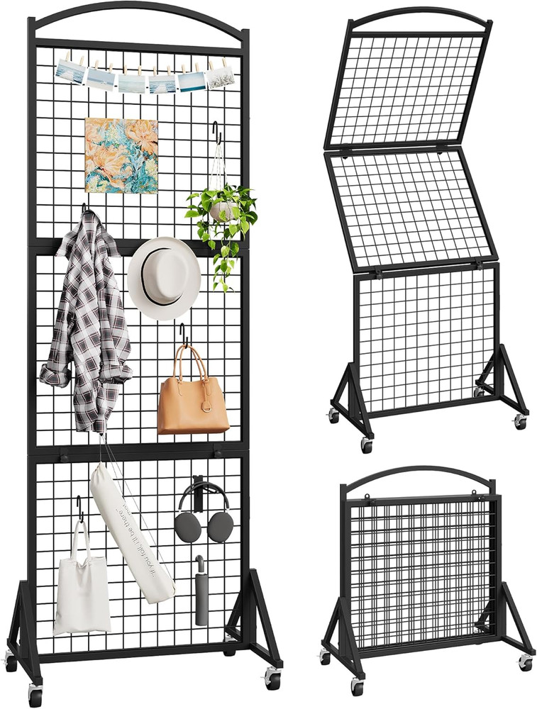 Foldable Grid Wall Panel 1.9' x 5.6', Movable Display Rack with Hooks, Black