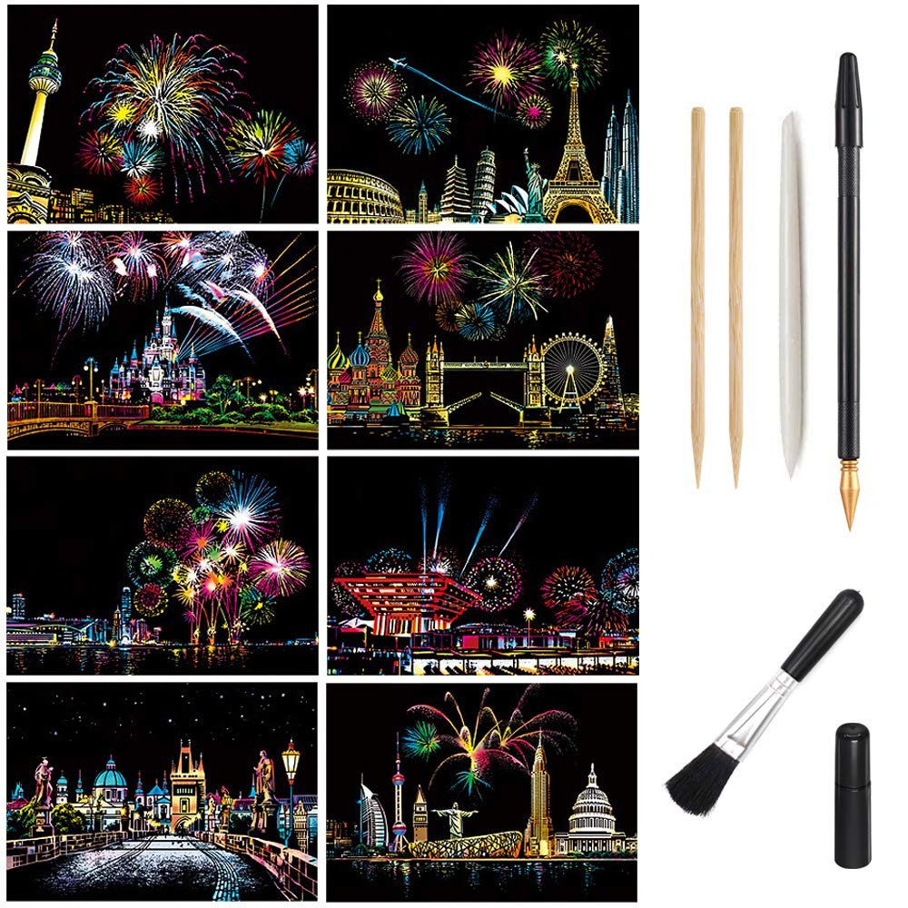 Scratch Art Paper, Rainbow Night View Scratchboard Medium, Fireworks/Building