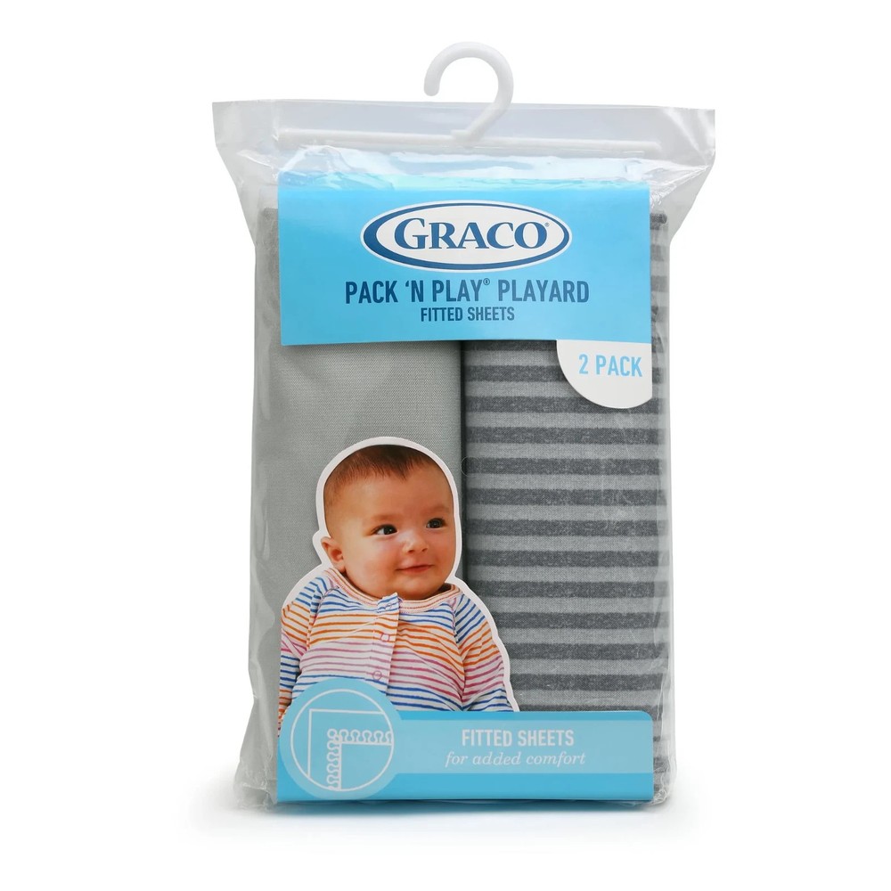 NEW! Graco Pack ‘n Play Playard Fitted Sheets 2 pack Sripes and Gray