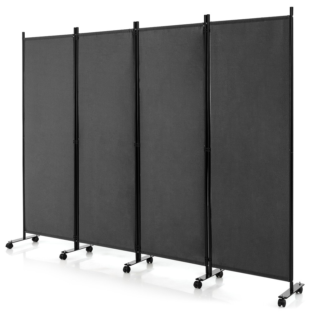4-Panel Folding Room Divider 6FT Rolling Privacy Screen w/ Lockable Wheels Grey