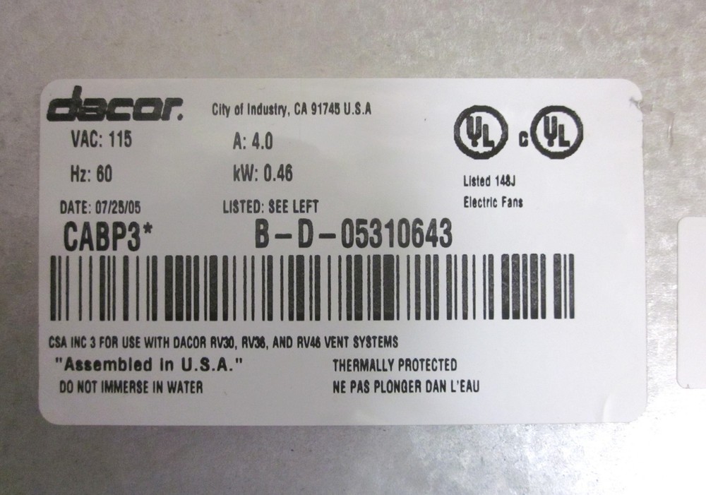 dacor 66316 Fan Motor and Blade