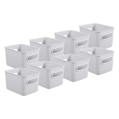 Superio 1.5 L Mini Ribbed Storage Bin- Plastic Storage Bin (White Smoke, 8 Pack)