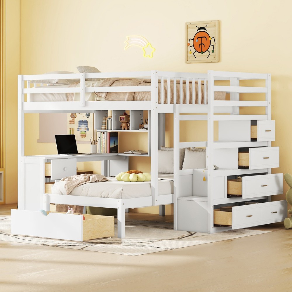 Twin Bunk Bed with Desk, Drawers & Bookcase, White Solid Wood Storage
