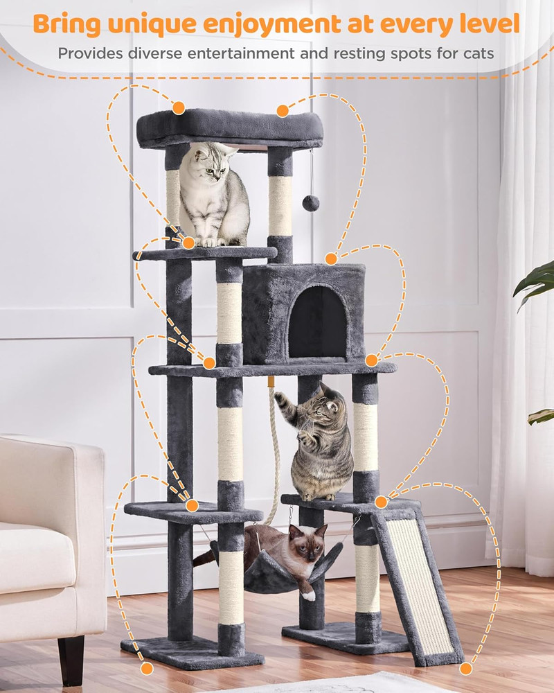 Large Multi-Level Cat Tree, 63 Inches Tall with Sisal-Covered Scratching Posts,