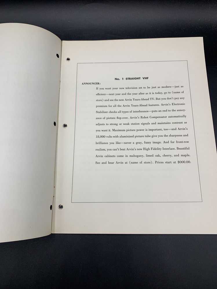 1954 Arvin Television Scripts For Radio Spots-Excellent