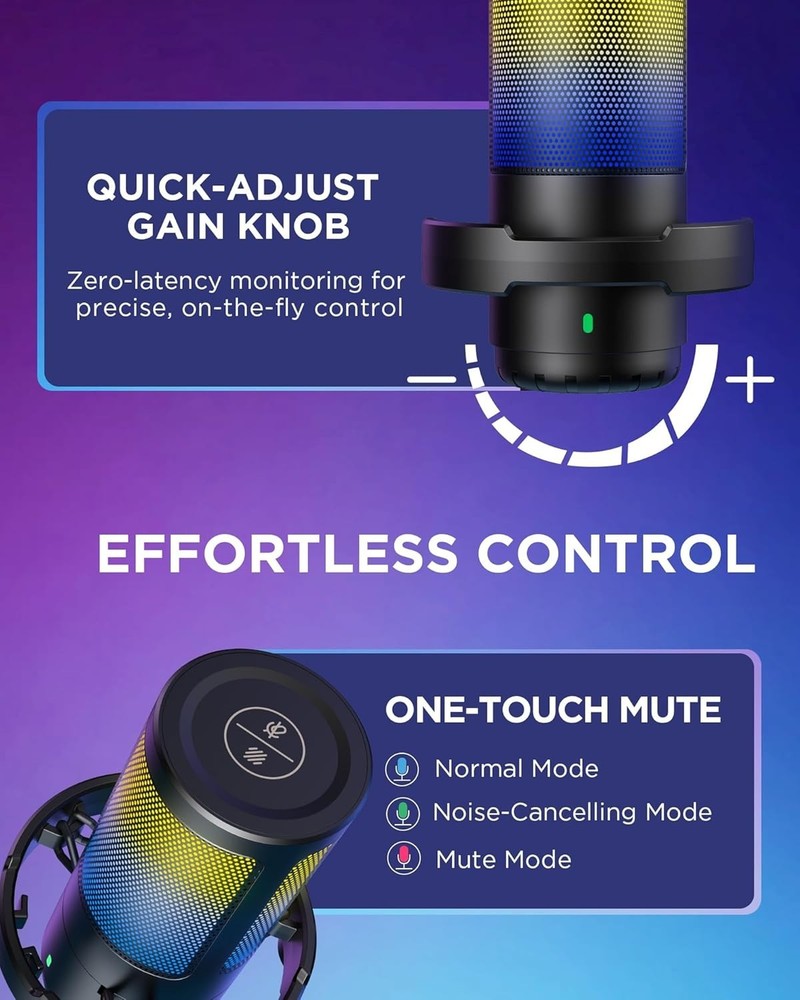 Crystal Clear USB Gaming Mic with Noise Cancellation & Adjustable Gain Control
