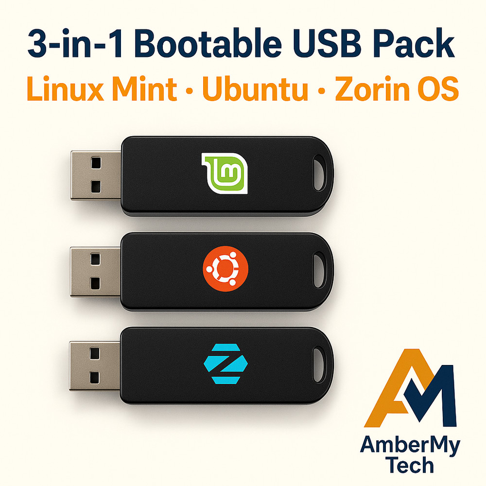 3-in-1 Bootable USB Pack | Linux Mint + Ubuntu + Zorin OS | Live Install