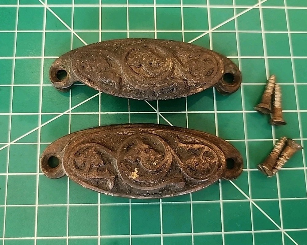 Pair Antique Drawer Cup Bin Pull Handle Cast Iron Victorian Ornate - mjk120