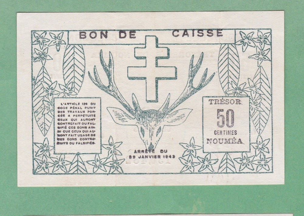 New Caledonia 50 Centimes Note 23 March 1943 P-55 EXTRA FINE