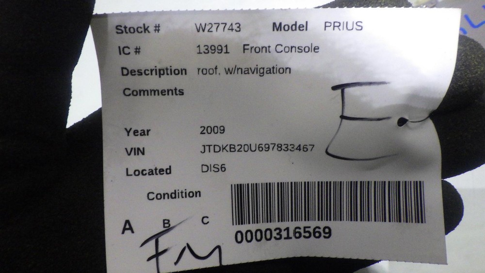 09 TOYOTA PRIUS Front Console roof