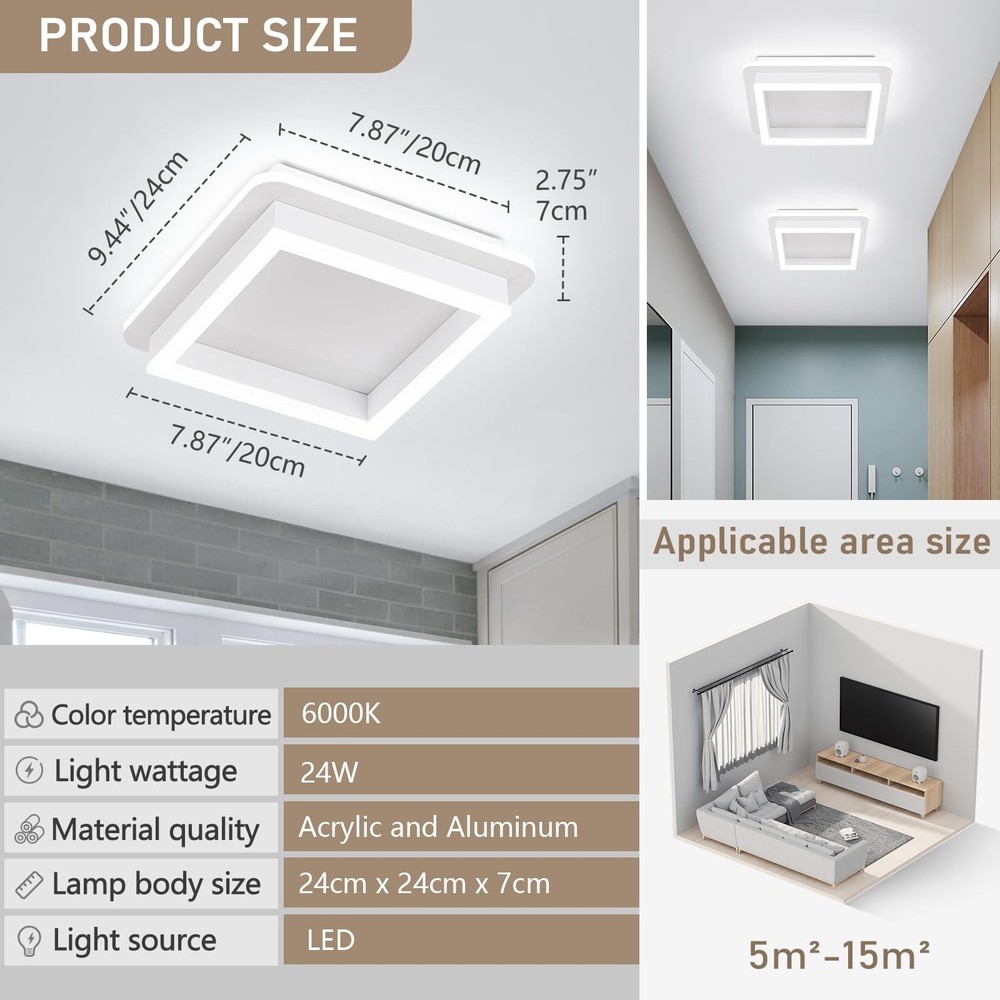 24W Square Hallway Light, Modern Flush Mount Led Ceiling Light,White Acrylic ...
